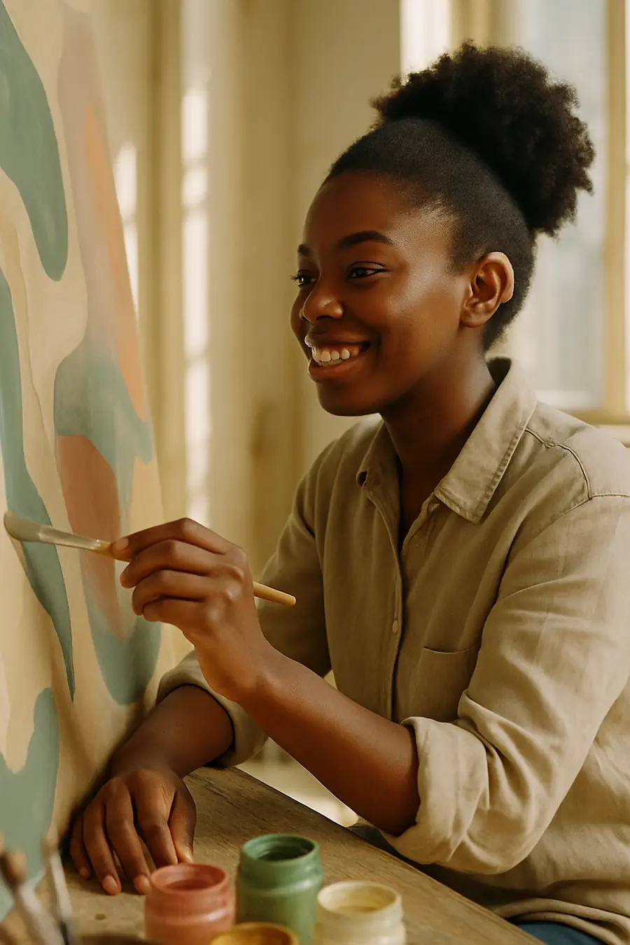 An artist smiling as she paints a large abstract canvas in a sunlit studio