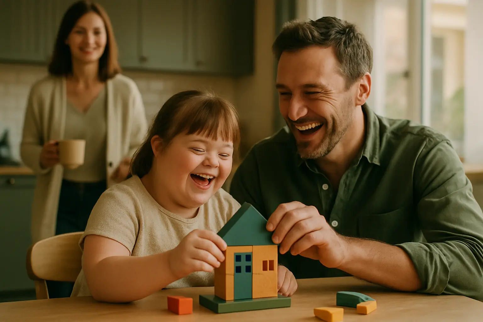 A father and his daughter laughing as they build a wooden model together at the kitchen table